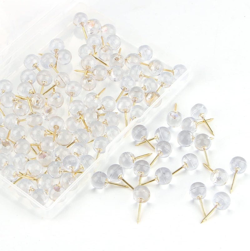 Yalis Push Pins 1/3 Inch Gold Map Tacks 100-Count Large Size Pins Golden Steel Point and Transparent Plastic Round Head (Gold) - Image 2